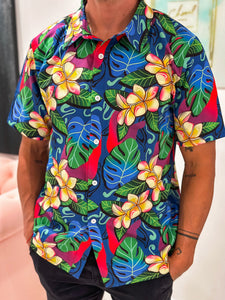 TROPICAL PLUMERIA BUTTON UP COLLARED SHIRT